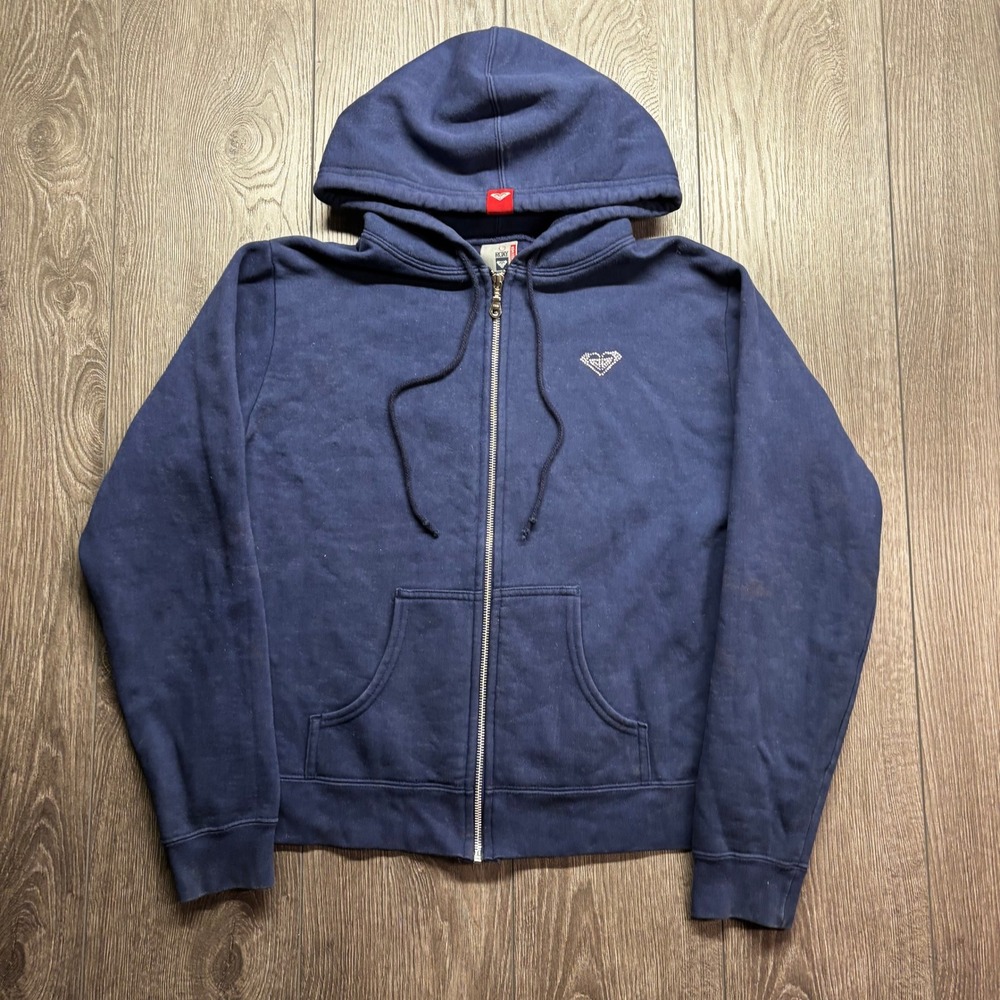 Roxy Quiksilver Vintage Y2K Navy Blue Large Rhinestone Zip Hoodie Sweatshirt